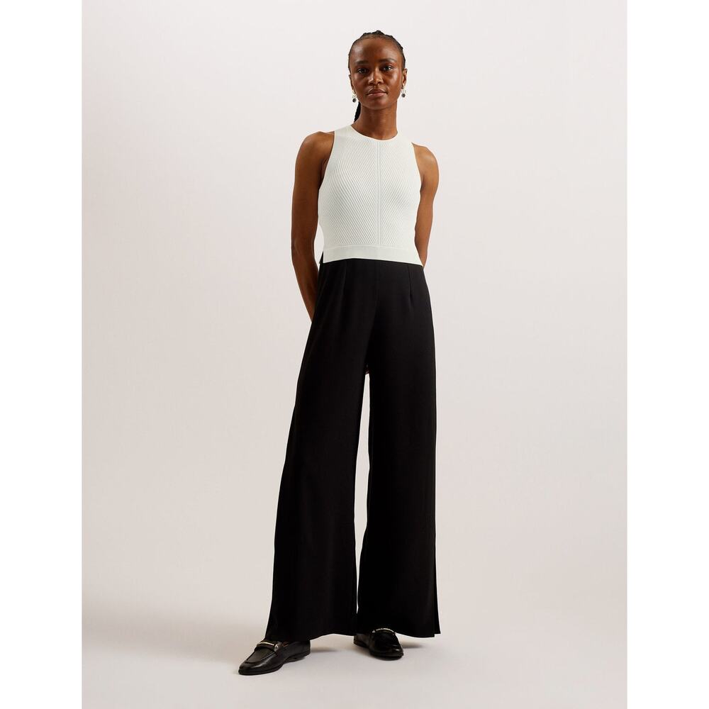 Ted Baker White Textured Bodice Black Wide-Leg Jumpsuit